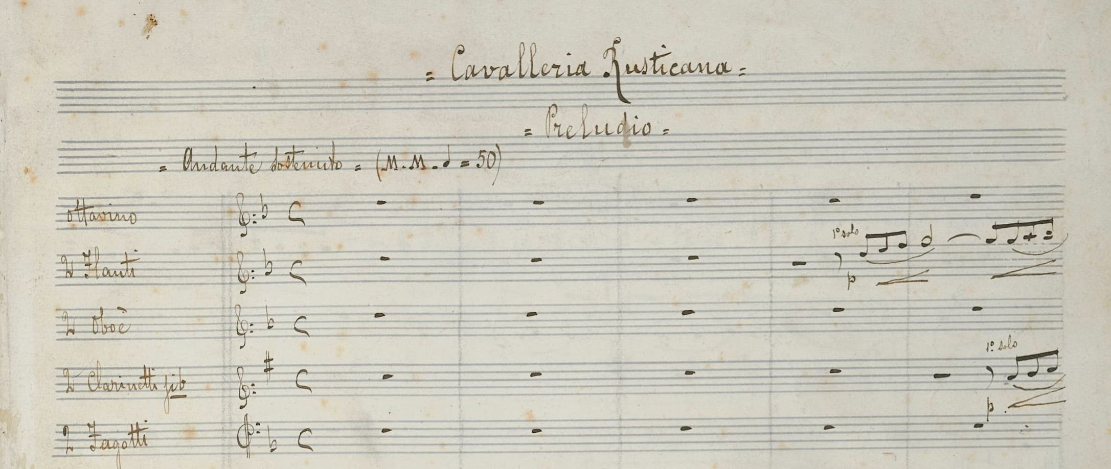Manuscript score of Cavalleria rusticana, title page detail.